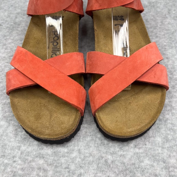 Birkenstock Papillio Orange Lola Nubuck Leather Ankle Strap Wedge Sandal Size 39 - Picture 6 of 9